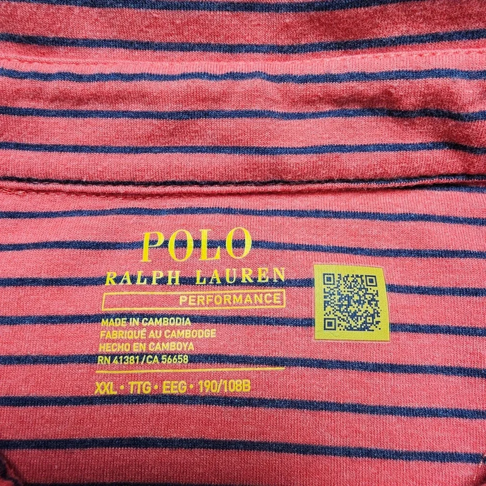 Polo Ralph Lauren Mens XXL Performance Polo Shirt Coral Pink Navy Blue‎ Striped